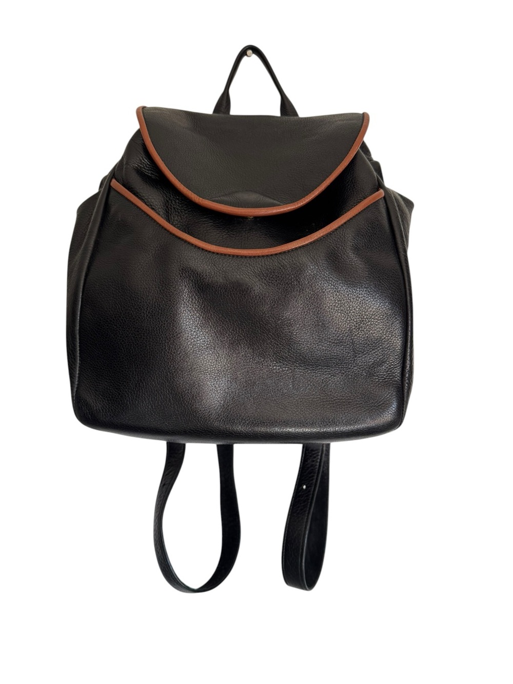 Vintage JoAnn Page Leather small backpack bag in black W/ brown piping
